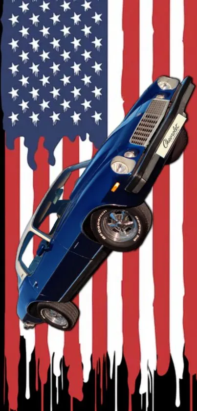 Blue classic car on American flag background wallpaper.