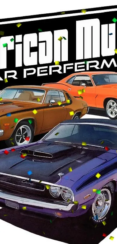 Iconic American muscle cars on display in vibrant colors.