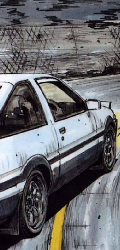 Anime-style car driving on a winding road in a vintage wallpaper.