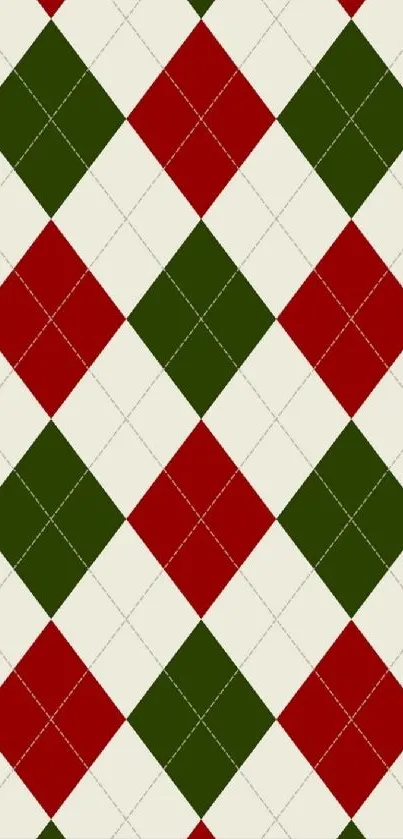 Classic argyle pattern wallpaper with red, green, and cream diamonds.