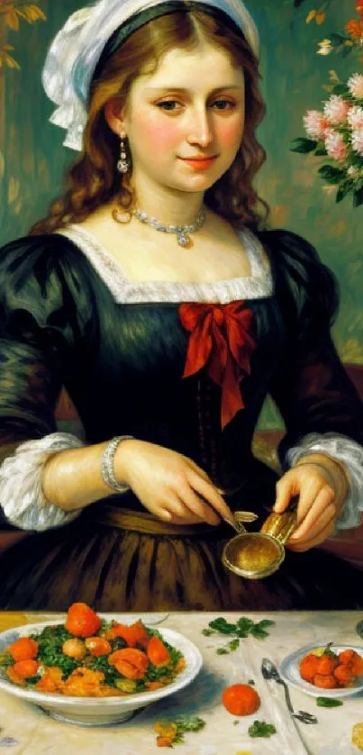 Renaissance-style lady in classic painting with elegant details and vivid colors.