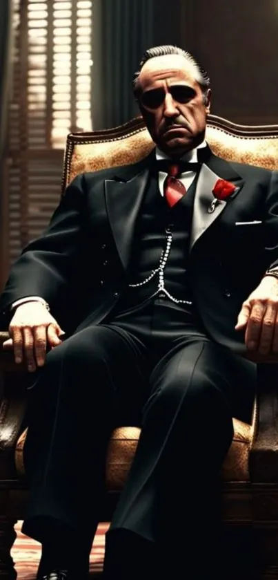 Man in a dark suit sitting in a vintage armchair with a confident pose.