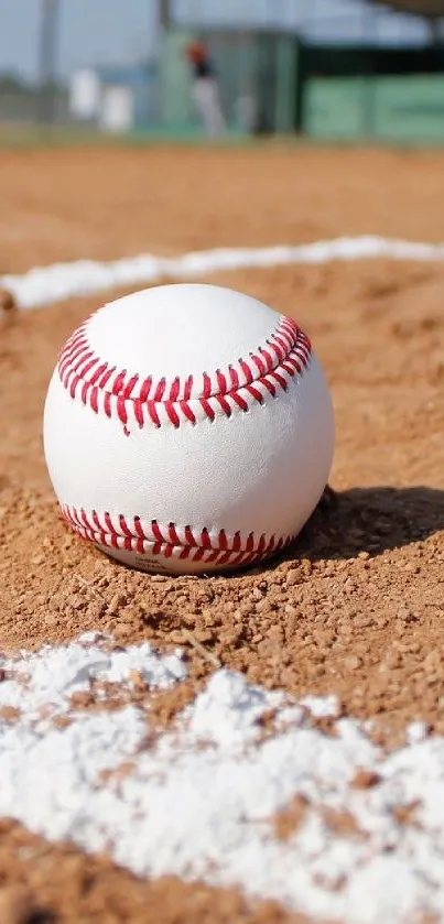 Baseball on the pitcher's mound with red stitching in a sunny field.