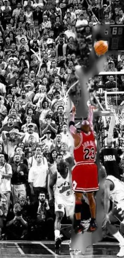 Iconic basketball shot in black and white with a red jersey player.