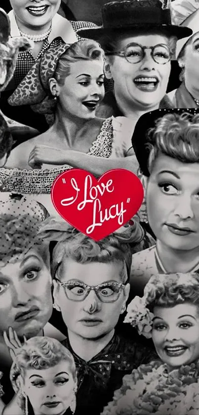 Classic black and white collage with a red accent heart symbol.