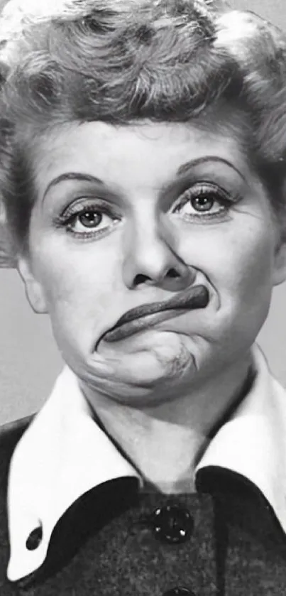 Classic black and white portrait with unique facial expression.