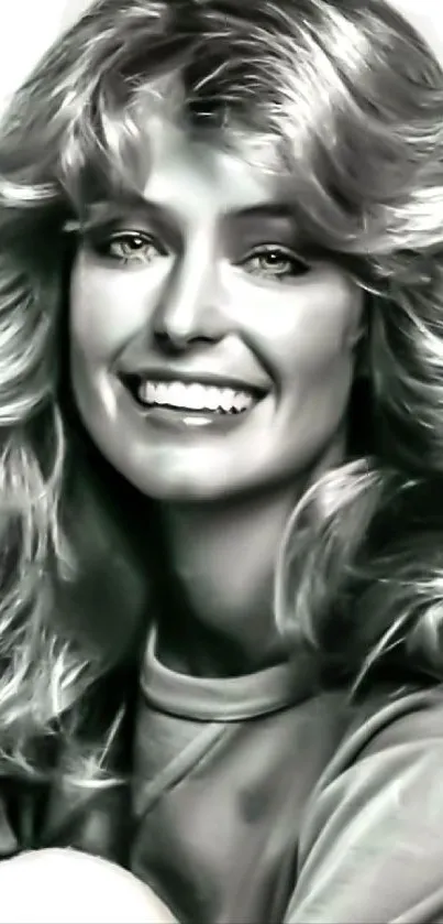 Black and white portrait of a smiling woman with voluminous hair.