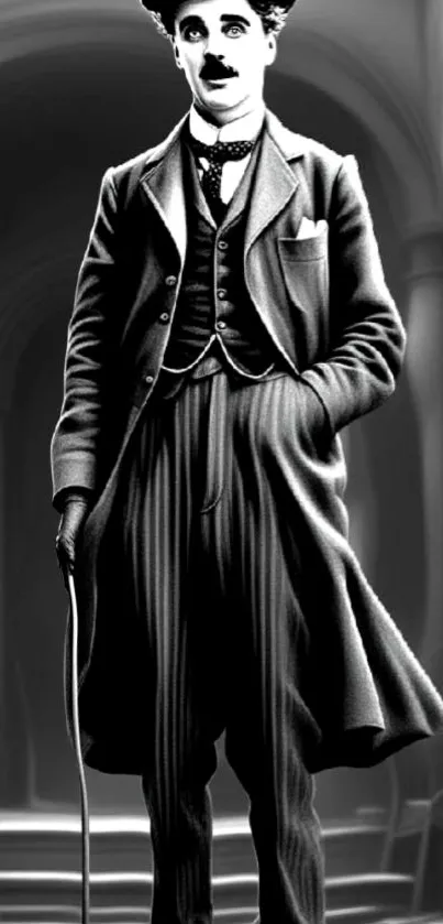 Black and white portrait of a classic figure in vintage style.
