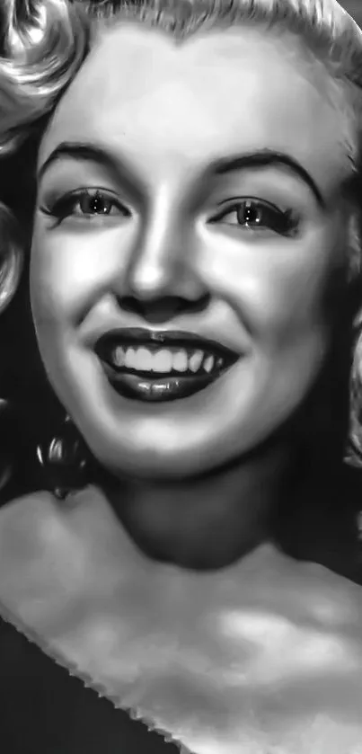 Black and white portrait of a smiling woman with curly hair, vintage style.