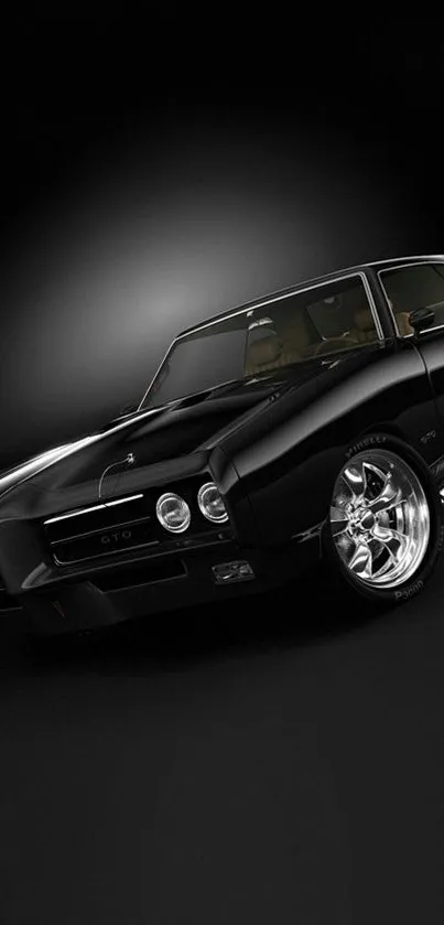 Sleek black classic muscle car on a dark background, perfect for mobile wallpaper.