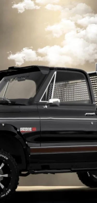 Classic black truck under cloudy sky wallpaper.