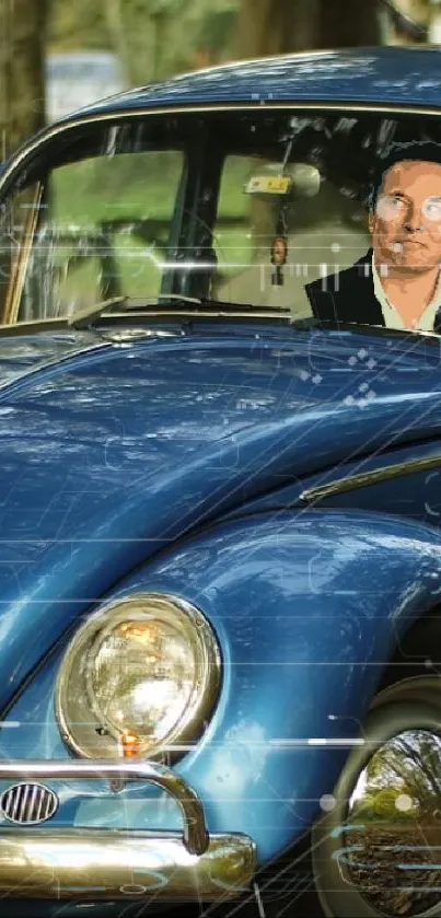 Classic blue Beetle car in an autumn forest setting, surrounded by leaves.