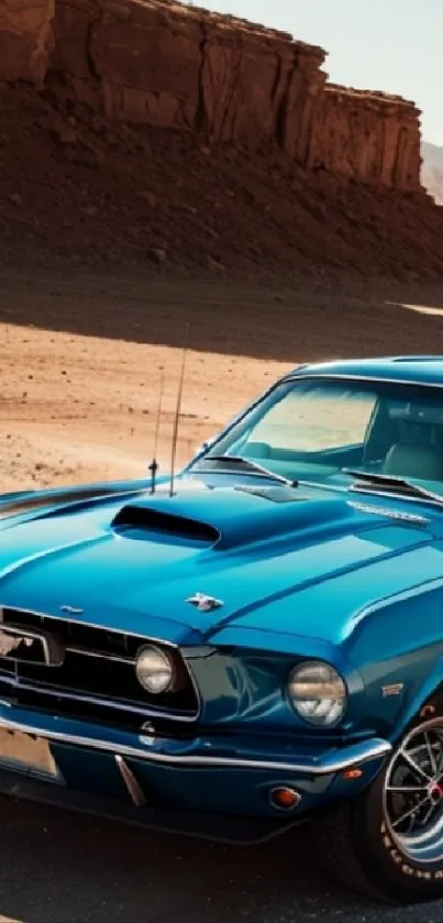 Classic blue car parked in desert landscape.