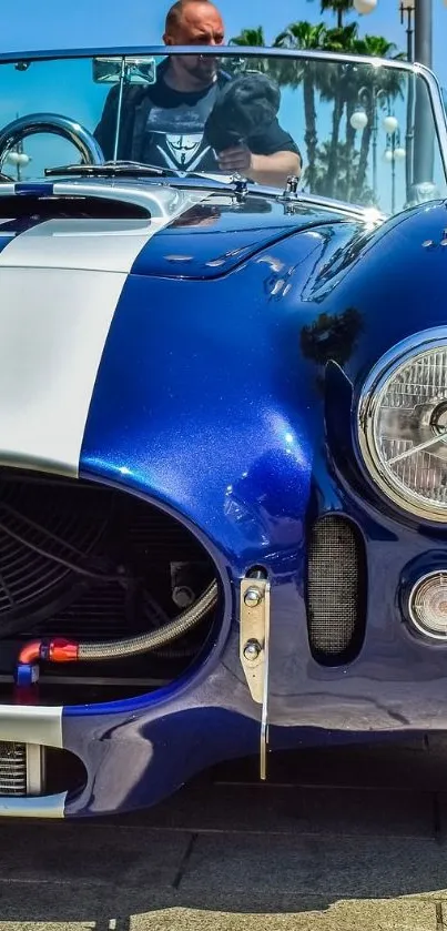 Front view of a vintage blue sports car, perfect for wallpaper.