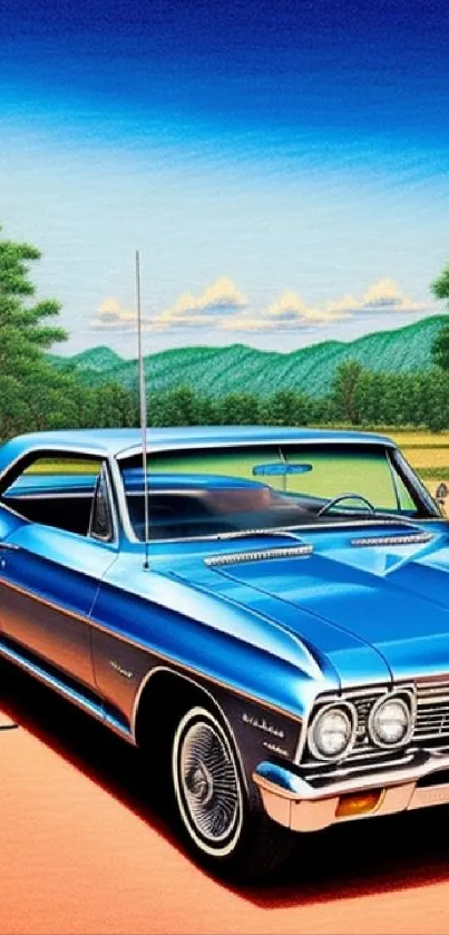 Classic blue car on scenic backdrop with trees and mountains.