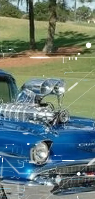 Classic blue car with chrome details on open field.