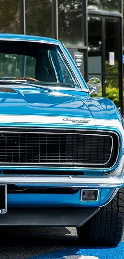 Front view of a classic blue muscle car with a shiny exterior.