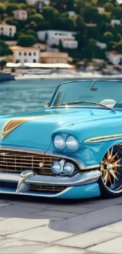 Classic blue convertible by a lakeside with scenic view, showcasing elegance and style.