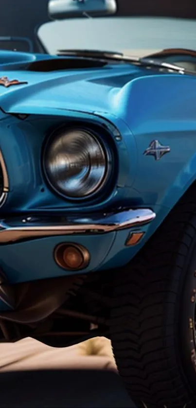 Close-up of a classic blue Mustang car, highlighting its vintage design.