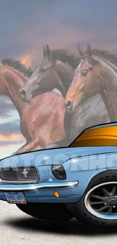 Classic blue muscle car with galloping horses in the background, art wallpaper.