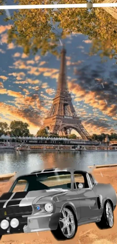 Classic car with Eiffel Tower at sunset in mobile wallpaper.