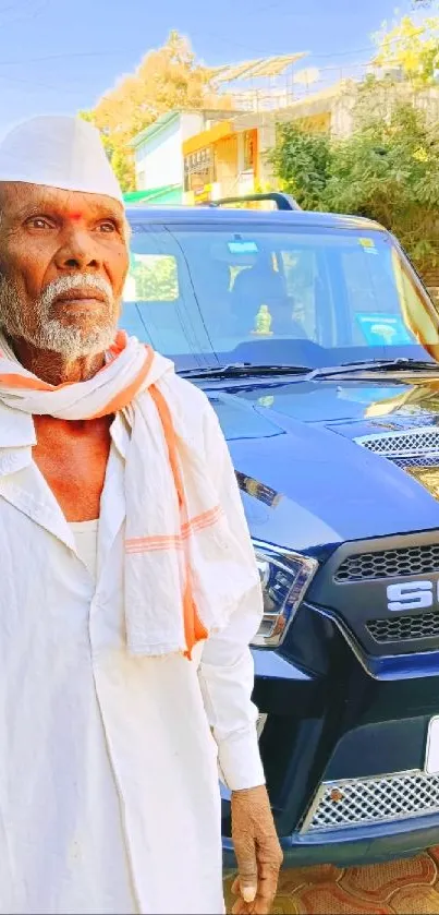 Elderly man in traditional attire beside a classic blue car.