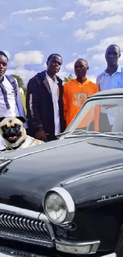 Group of friends, vintage car, and a dog with a bright blue sky backdrop.