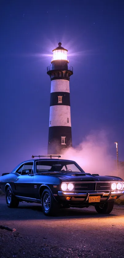 Vintage car parked at dusk by a lighthouse, emanating a serene, retro vibe.