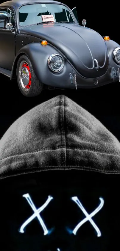 Classic car and hooded figure mask on a black background.