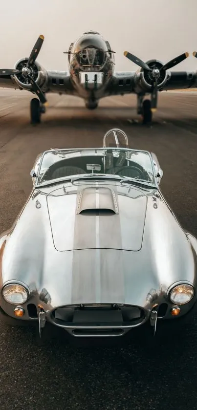 Classic silver car and vintage plane on airport tarmac.