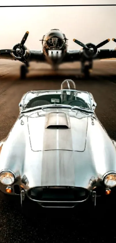 Silver classic car parked in front of vintage airplane on runway.