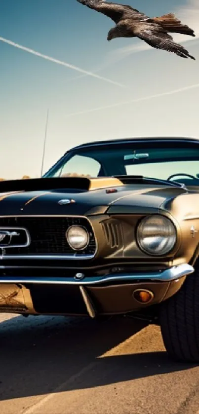 Classic yellow Mustang on road under sky with bird soaring.