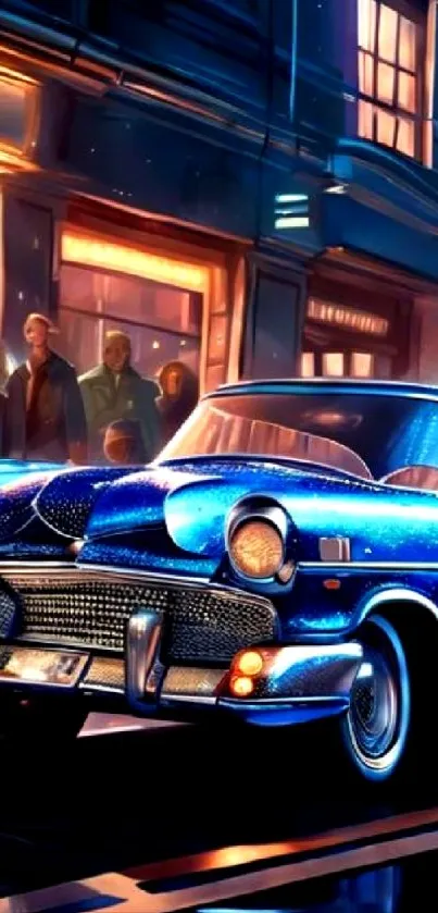 Blue classic car parked on a city street at night.