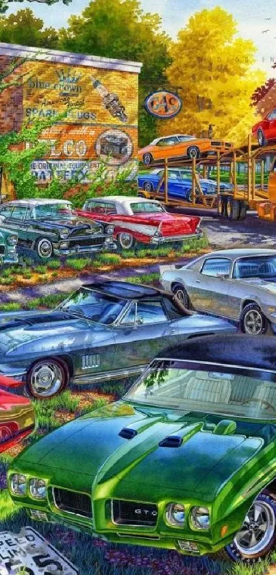 Vibrant artwork of classic cars in an outdoor setting with lush colors.