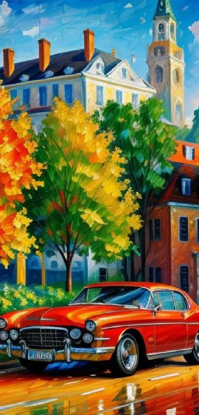 Vibrant autumn scenery with a classic car and historic buildings in artistic style.
