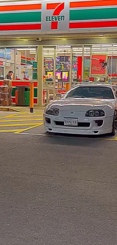 Classic white car parked at 7-Eleven store at night.