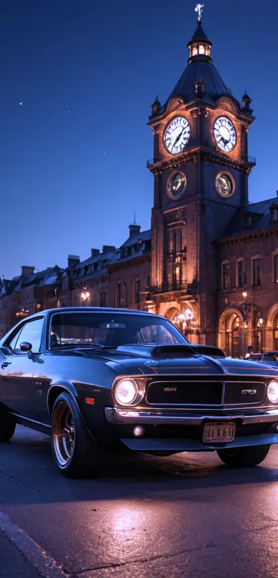 Vintage car under a lit clock tower at dusk.