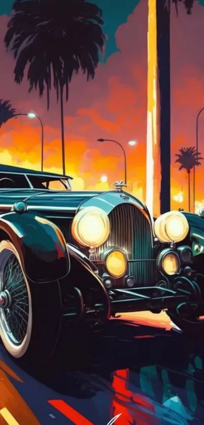 Vintage car with palm trees and sunset background.