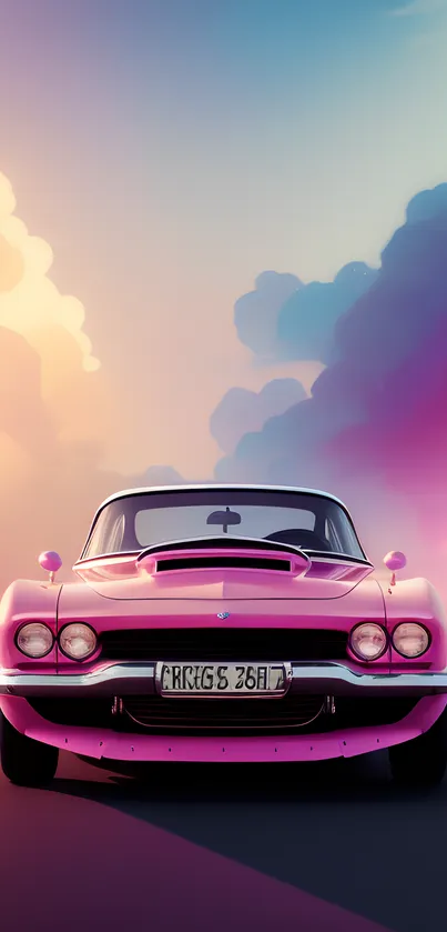 Pink classic car on a road with a colorful sunset sky.