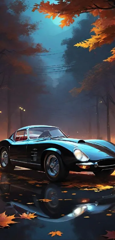 Vintage car in an autumn forest setting with reflective leaves on the ground.
