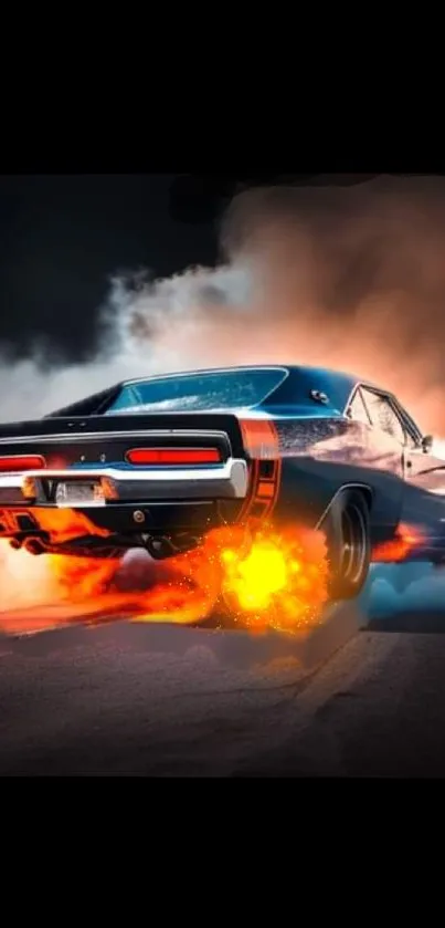 High-speed classic car with fiery burnout and smoke effect.