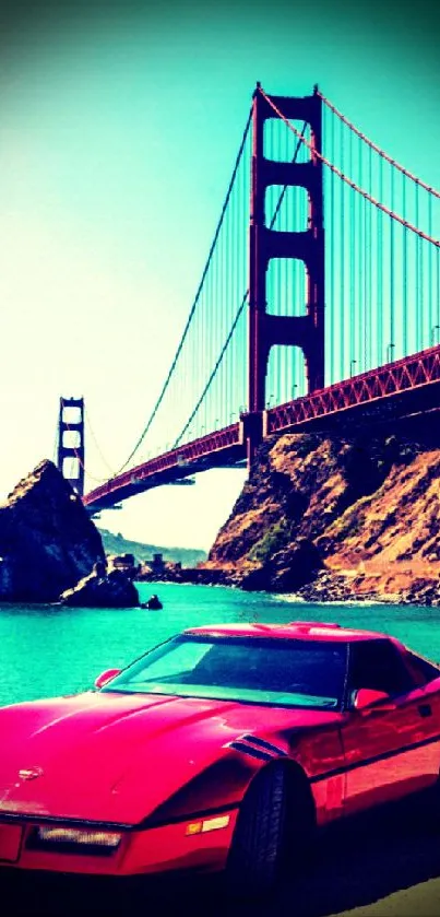 Red classic car by Golden Gate Bridge under blue sky.