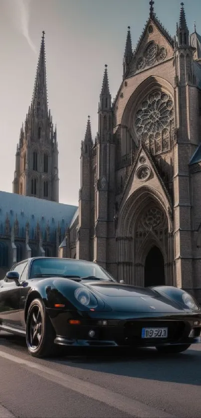 Classic car parked in front of a Gothic cathedral on a sunny day.