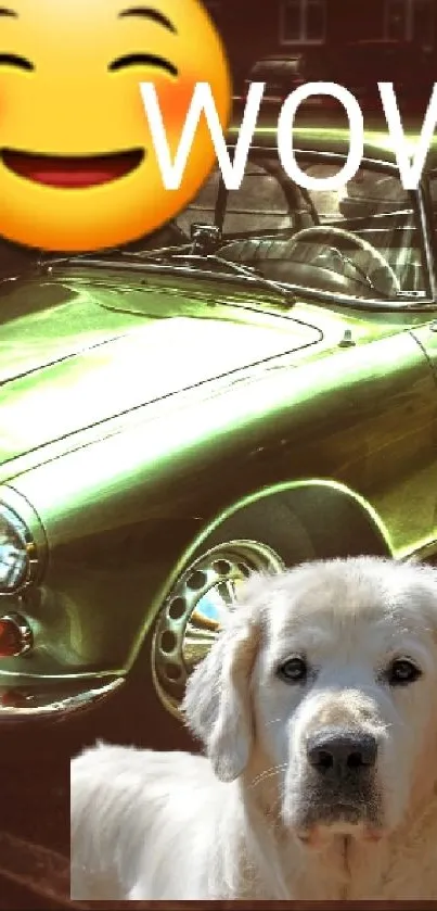Vintage car with emoji and dog on wallpaper.