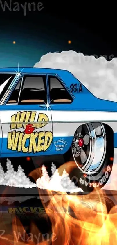 Cartoon of a classic blue car with 'Wild and Wicked' text.