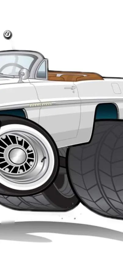 Cartoon classic car with large wheels and white body.