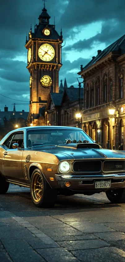 Classic muscle car on city street with clock tower at night.