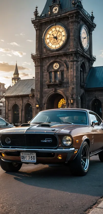 Classic muscle car parked in front of an urban clock tower at sunset.