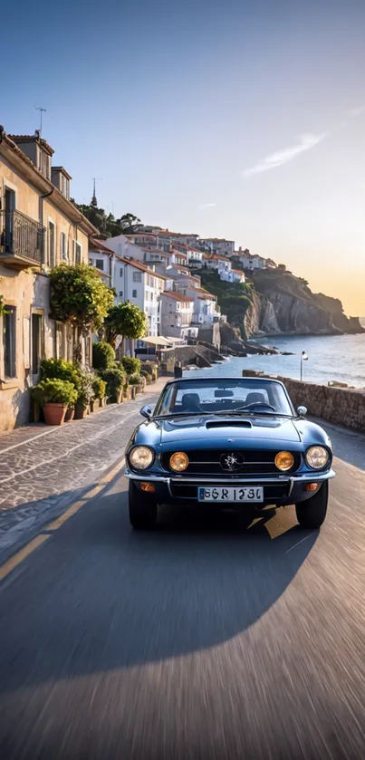 Classic car on a coastal road during sunset with seaside view.