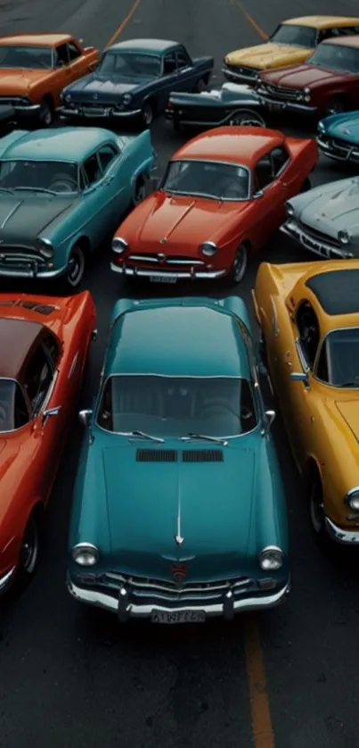 Colorful vintage cars arranged in a circle viewed from above.